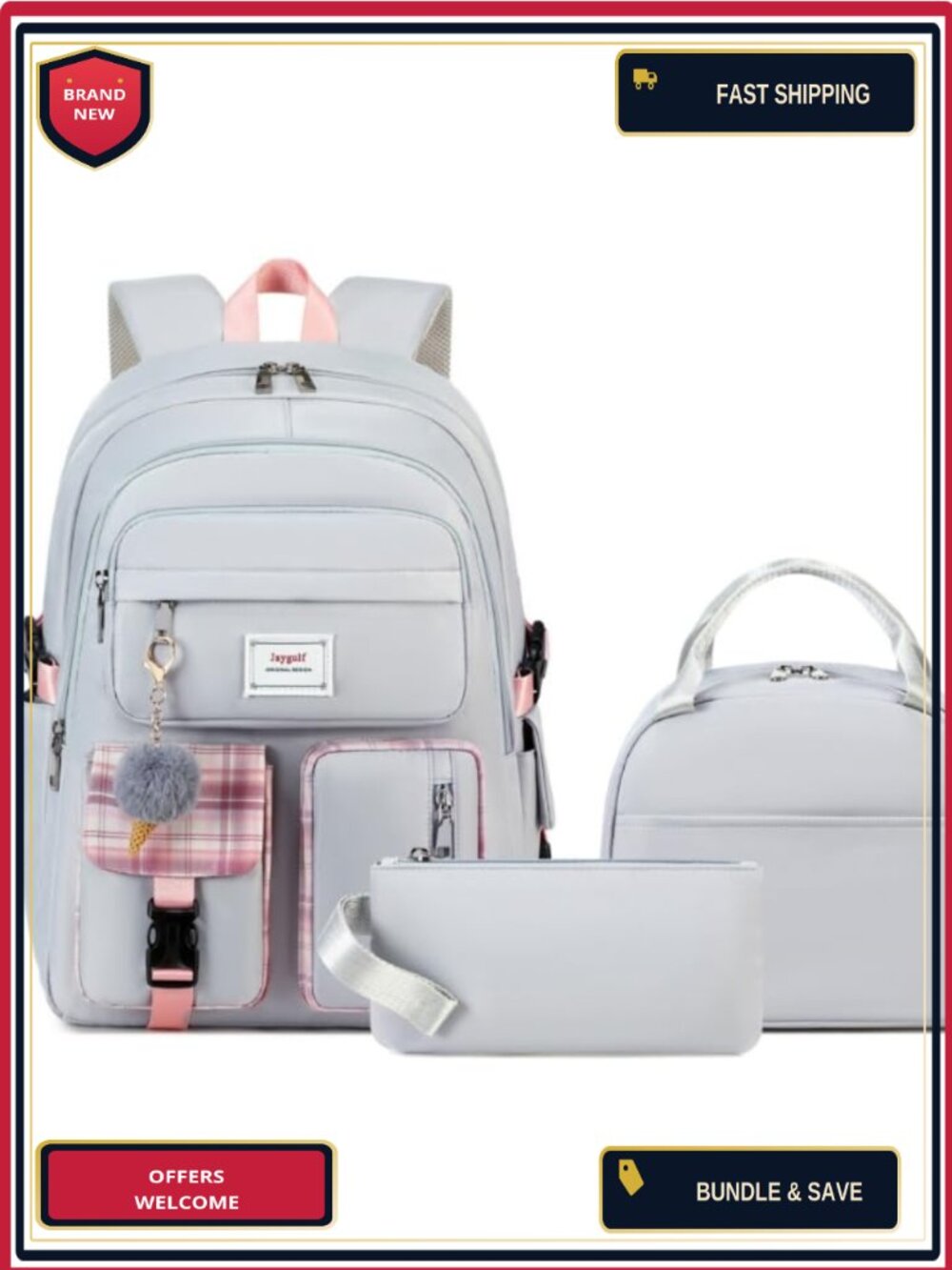 Nylon Waterproof Laptop Backpack Set with Lunch Bag & Pencil Case, 15.6 Inch,